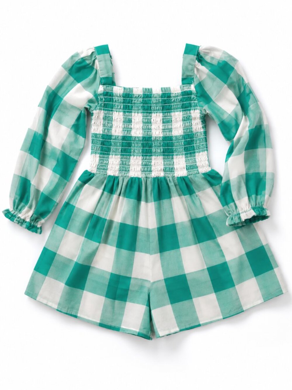 Janie and Jack Turquoise Gingham Smocked Romper | 12-18 Months | Long Sleeve